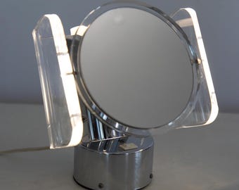 Beauty Mirror Rialto Chrome and Lucite Lighted Vanity Mirror With Normal and Magnification