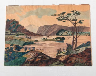 Folk Art Landscape Painting on Paper 26.5" x 19"