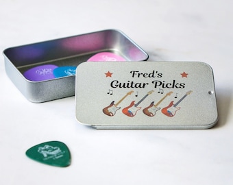 Personalised Guitar Pick Plectrum Tin Holder Gift - Take Your Pick - Pocket Sized Box For Keeping Picks Tidy For Musician Guitarist Him Her