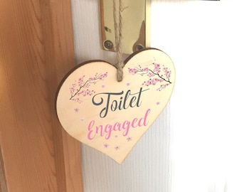 Engaged Vacant Toilet Door Sign - Double Sided Wooden Heart Shaped Plaque – Decorative Cherry Blossom – Includes Hanging Twine