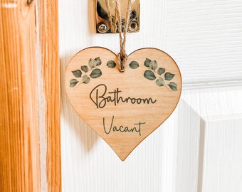 Engaged Vacant Double Sided Birch Plywood Wooden Heart Shape Door Sign For Bathroom or Toilet Eucalyptus Leafy Design