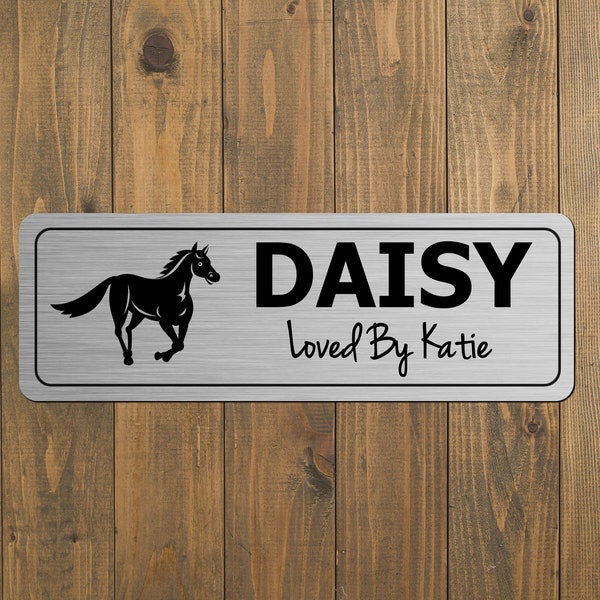 Personalised Horse Stable Door Sign Owned Or Loved By Metal Plaque Name Plate - Brushed Silver Two Different Sizes - For Horses Or Ponies