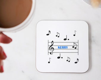 Personalised Musical Notes Wooden Gift Coaster -  Text Colour Options - Gift Idea For Musician Or Music Lover - Present For Him or Her