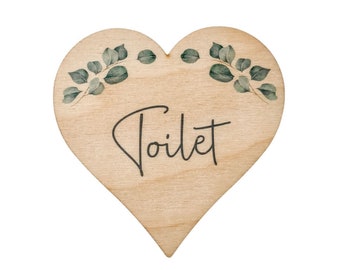 Toilet Bathroom Door Sign Wooden Heart Shaped Decorative Plaque - Eucalyptus Design - Shabby Chic - Includes Double Sided Foam Fixing Pad