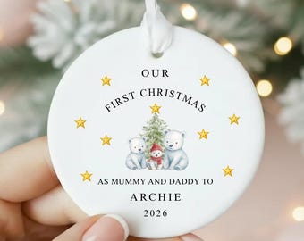 Personalised Christmas Bauble | First Christmas As Mummy & Daddy | Festive Keepsake Decoration | Ceramic Ornament For New Parents Gift