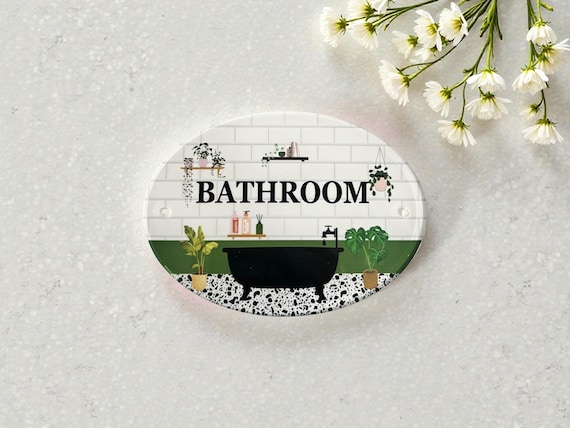 Bathroom Door Sign  - Botanical Victorian Edwardian Traditional House Design With Plants Tiles - Green Pink Theme Home Decor