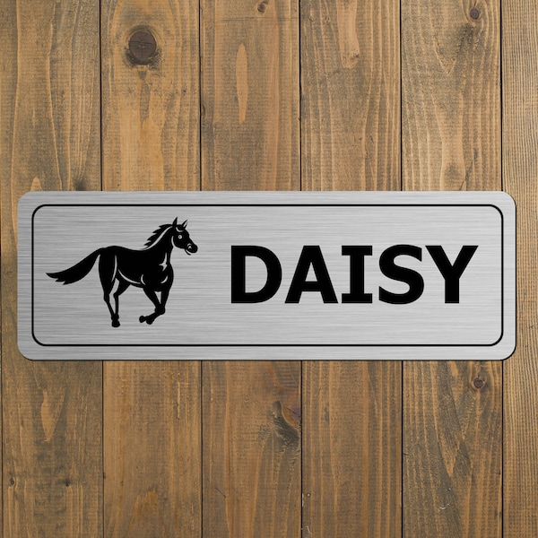 Personalised Stable Door Sign For Horses - Horse Pony Name Plate Plaque Made From Metal - Brushed Silver - Equestrian Livery Yard Signs