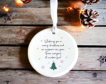 Personalised Christmas Tree Ceramic Decoration Hanging Ornament Ceramic Keepsake With Your Wording Choice Of Fonts Gift Idea Watercolour