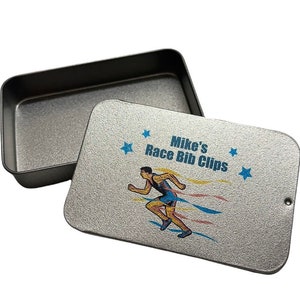 Personalised Running Bib Clip Tin Holder Gift Idea For Male Runners - Pocket Sized For Keeping Safety Pins Or Bib Clips In