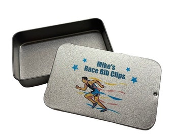 Personalised Running Bib Clip Tin Holder Gift Idea For Male Runners - Pocket Sized For Keeping Safety Pins Or Bib Clips In
