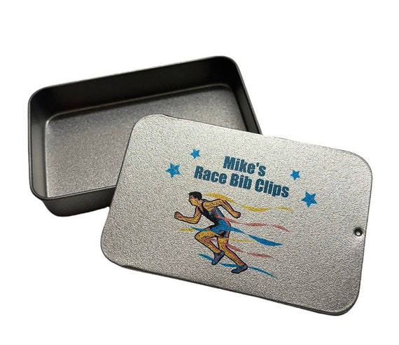 Personalised Running Bib Clip Tin Holder Gift Idea For Male Runners -  Pocket Sized For Keeping Safety Pins Or Bib Clips In
