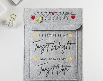 Personalised Weight Loss Weight Date Slimming Journey Felt Pouch For Weigh Day Books and Recipes Tracker Watcher and Badge