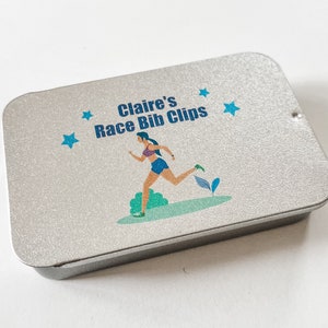 Personalised Running Bib Clip Tin Holder Gift Idea For Female Runners - Pocket Sized For Keeping Safety Pins Or Bib Clips In