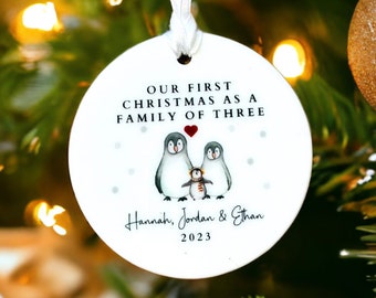 Personalised Cute Ceramic Christmas Tree Decoration - Our First As A Family Of Three 3 Perfect Gift Idea For Christ Present For New Parents