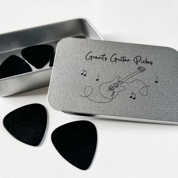 Personalised Guitar Pick Plectrum Tin Holder Gift - Pocket Sized Box For Keeping Picks Tidy For Musician Guitarist Him Her - Line Art