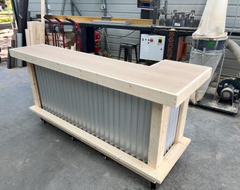 Unfinished Smooth Top Mini L shaped - Rustic real wood & corrugated metal barn wood style, pallet style indoor bar