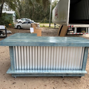 Plank Top L Shape Metal Finished Wood Home Tiki Basement Bar