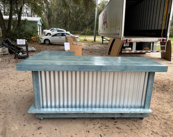 Plank Top L Shape Metal Finished Wood Home Tiki Basement Bar