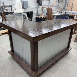 The Smooth Top Metal L Large- wood & corrugated metal indoor bar, industrial bar, L shape bar, custom bar, commercial bar, retail counter