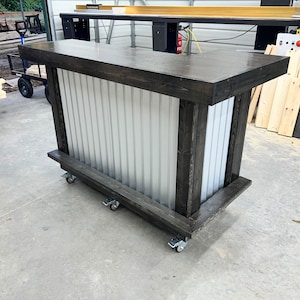 The Mini Metal L Shape- Oak Smooth Top corrugated metal and wood indoor bar, industrial bar, basement bar, indoor home bar, custom bar