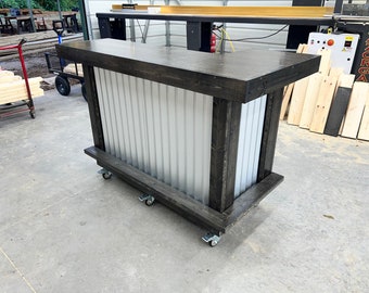 The Mini Metal L Shape- Oak Smooth Top corrugated metal and wood indoor bar, industrial bar, basement bar, indoor home bar, custom bar