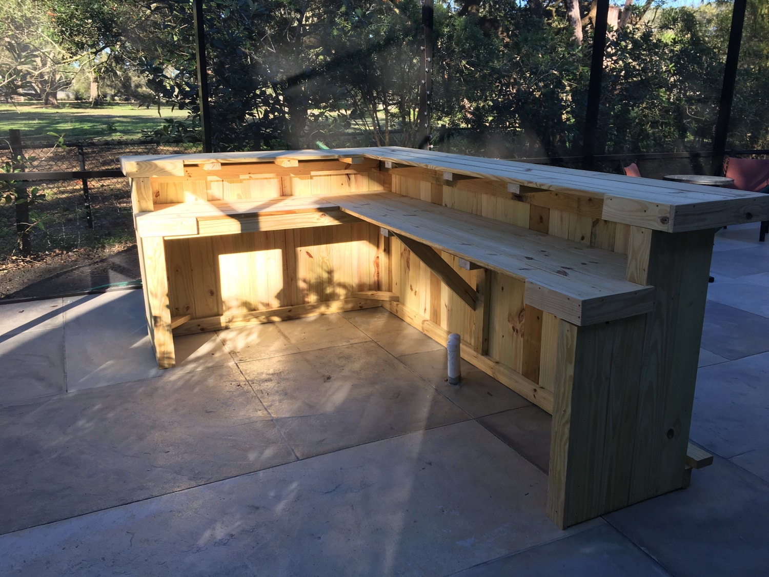 The Kitchen 10' x 6' 2 level L shaped rustic wood handmade outdoor