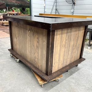 The 400 L Shape Plank Top Wood Bar - Tiki bar, industrial bar, l shape bar, husband gift, father gift, man cave bar, home bar, custom bar
