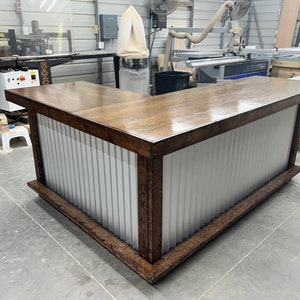 The Smooth Top Metal L Large- wood & corrugated metal indoor bar, industrial bar, L shape bar, custom bar, commercial bar, retail counter