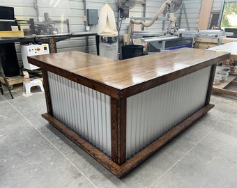 The Smooth Top Metal L Large- wood & corrugated metal indoor bar, industrial bar, L shape bar, custom bar, commercial bar, retail counter