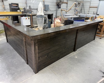 Large Horizontal smooth top L shape 2 level retail counter, checkout counter, reception counter, dispensary counter
