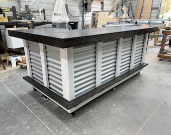 Plank Top L Shape Horizontal Corrugated Metal Finished Industrial Style Home Bar, Solid Wood Bar, Man Cave Game Room Bar