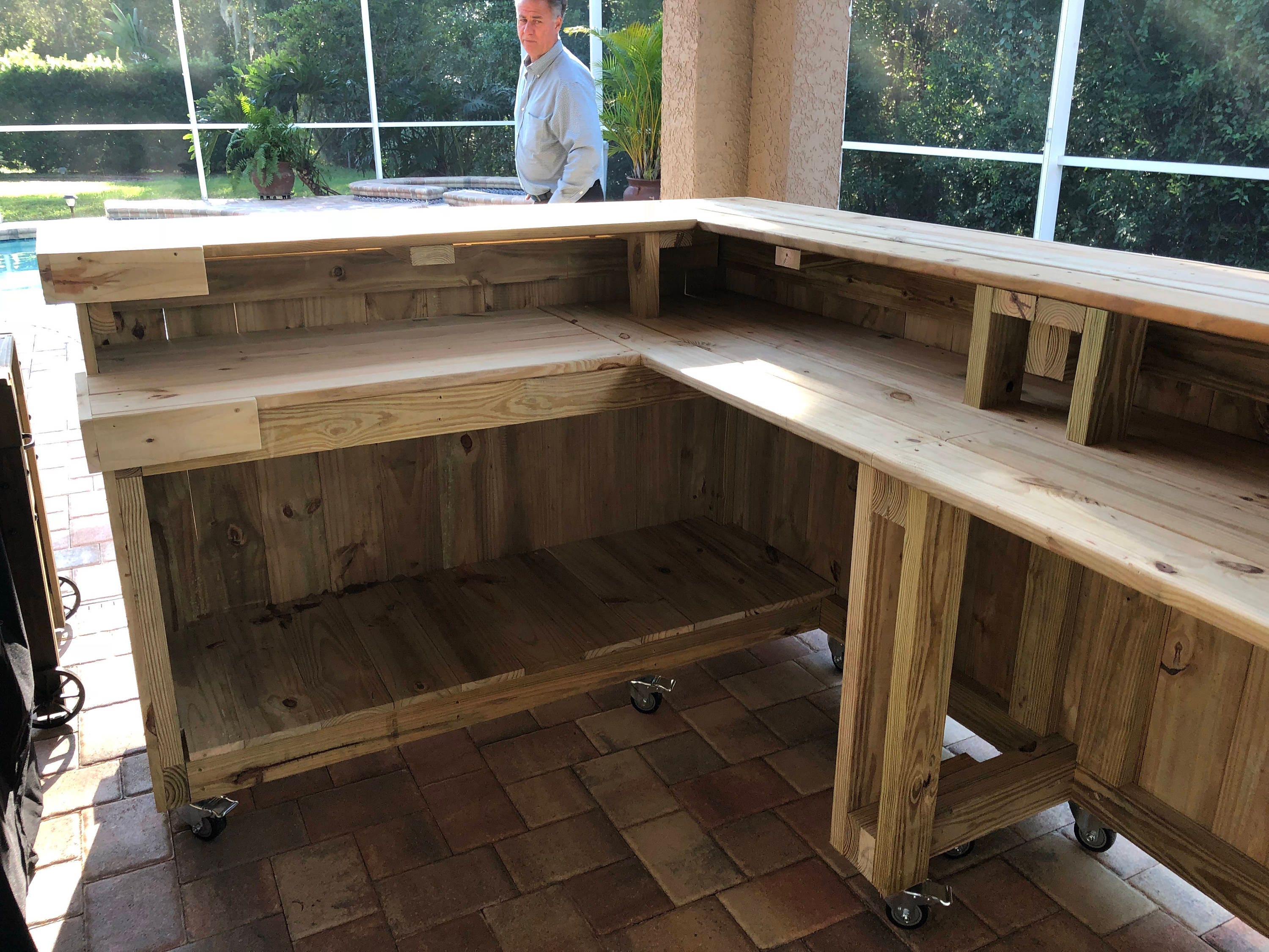 The Kitchen 10' x 6' 2 level L shaped rustic wood handmade outdoor patio bar