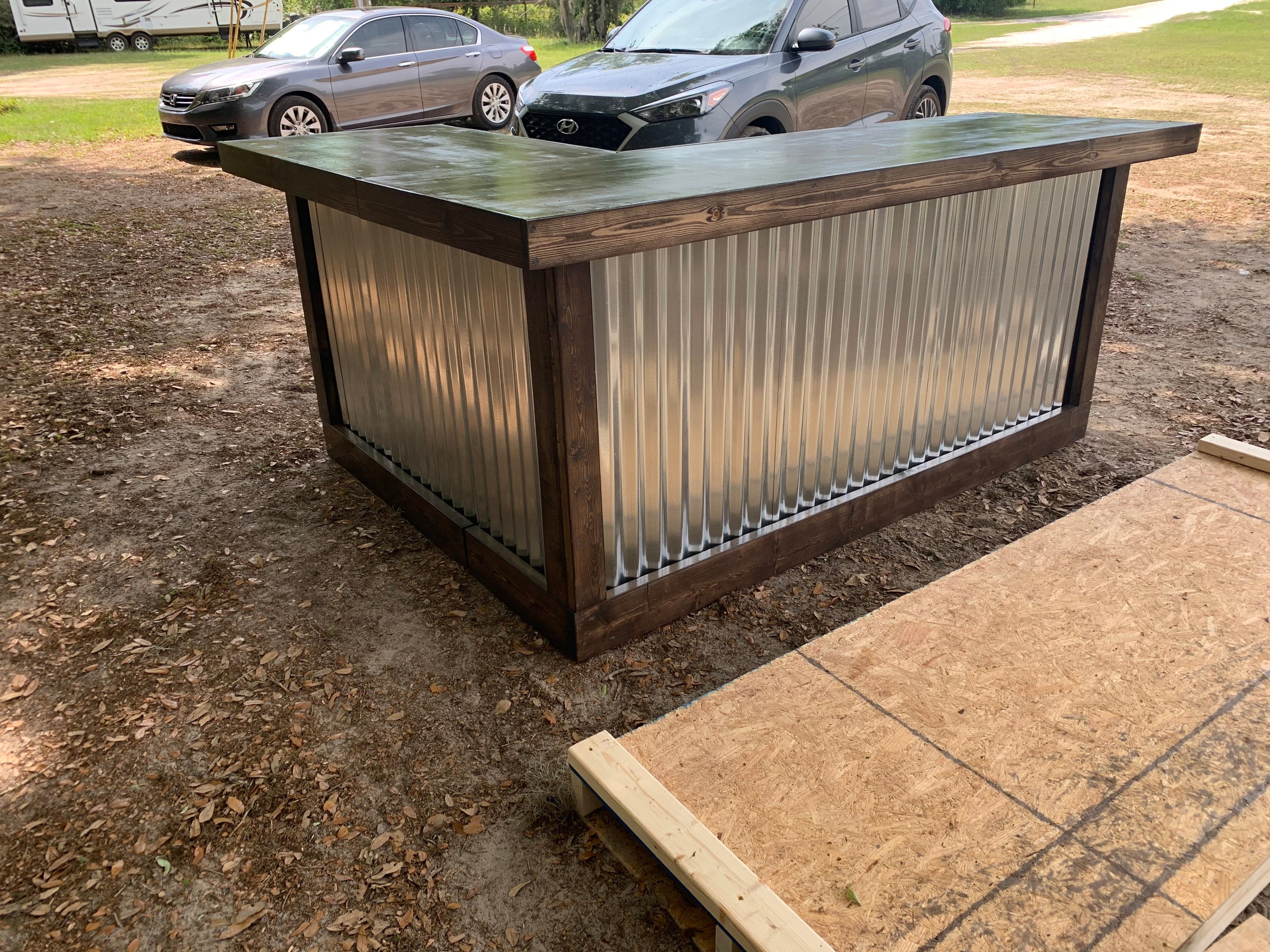 Espresso L Shaped 8' x 6' Rustic style wood & corrugated metal indoor bar