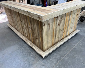 Kitchen Large L Shape 2-Level - Rustic real pressure treated wood barn wood style, pallet style outdoor patio bar