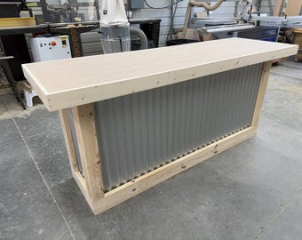 Metal Straight Unfinished - oak and corrugated metal bar, home bar, garage bar, tiki bar, industrial bar, retail counter