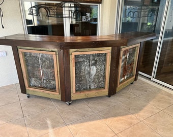 Not Too Shabby 8' Two-level modern rustic solid wood & repurposed metal home bar