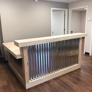 Hello Shiny L Shaped Unfinished - 6' x 6' 2 level rustic style corrugated metal/wood reception desk
