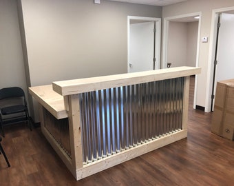 Hello Shiny L Shaped Unfinished - 6' x 6' 2 level rustic style corrugated metal/wood reception desk