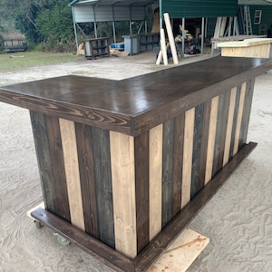 The Smooth Oak Top L Shape Indoor Bar - Great home bar, commercial bar, custom bar, basement bar, garage bar.