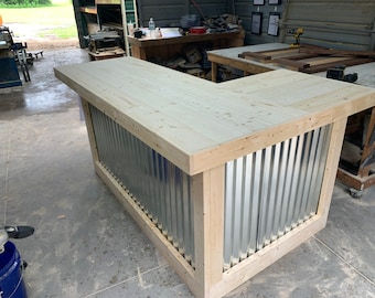 L Shape Metal Planktop - Rustic barnwood style, pallet style wood & corrugated metal indoor bar