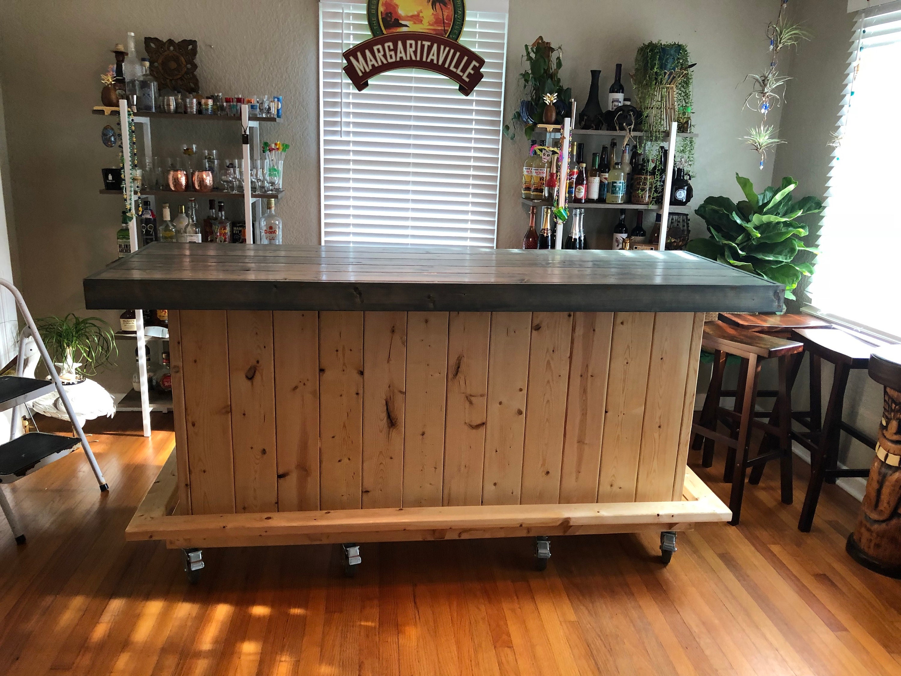 8' Two level Rustic Outdoor Patio Bar with footrail and Minifridge