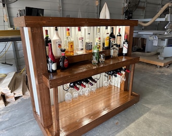 Handmade Piano-Inspired Mobile Back Bar | Solid Wood Bar Hutch with LED Lights, Wine Rack & Glass Storage | Industrial Modern Farmhouse Bar