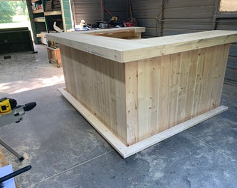 Unfinished Kitchen Wood Planktop U Shaped 2-Level Indoor - Rustic style real wood indoor bar