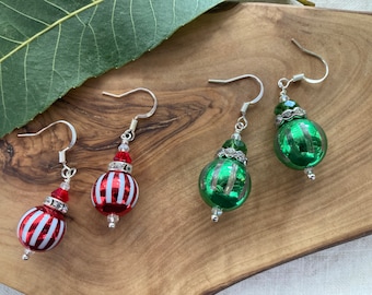 Striped Christmas Ornament Dangle Earrings – Festive Holiday Jewelry