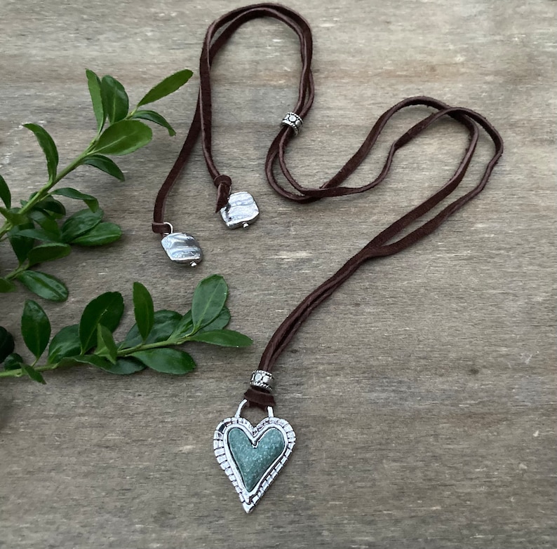 Rustic Heart Necklace Stone Heart Lariat Adjustable Suede Etsy