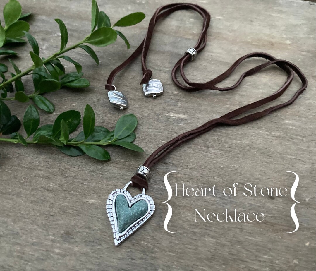 Rustic Heart Necklace Stone Heart Lariat Adjustable Suede Necklace