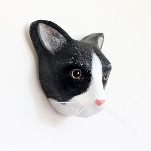 READY TO SHIP... Black and white cat / wall mount, art scullpture, faux taxidermy