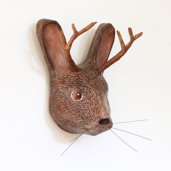 Wolpertinger - Paper mache wall mount head sculpture of mythical animal Jackalope, (unique collection animal decoration)
