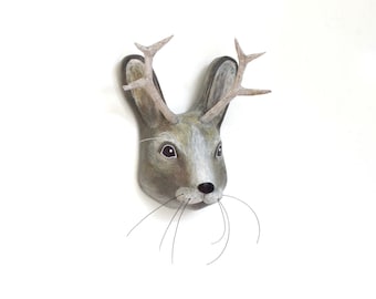 Paper Mache Jackalope Head: Handmade Mythical Animal Wall Mount