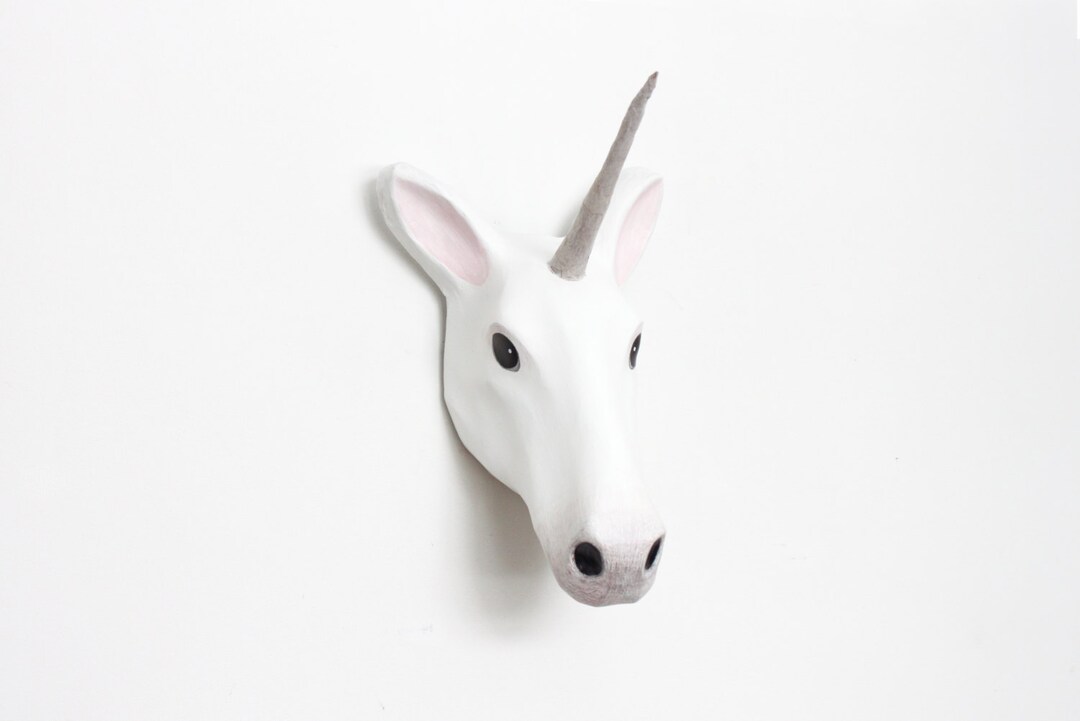 Paper Mache White Unicorn Wall Mount Head Sculpture, Home, Nursery, Playroom or Hallway Decor